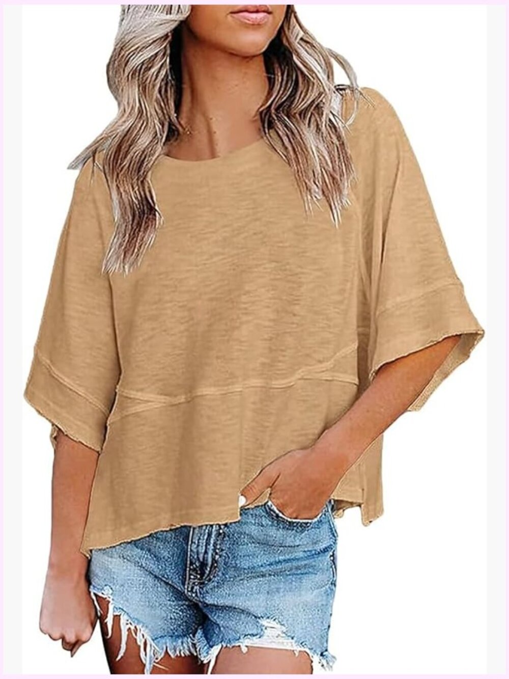 3/4 Sleeve Crewneck T-Shirt Loose Fit Summer Casual Tee